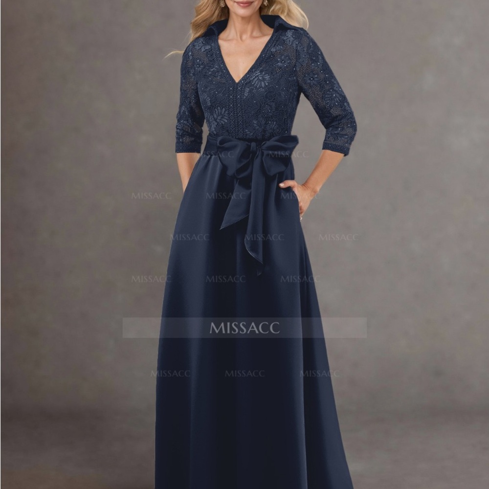 Blue V-Neck 3/4 Sleeve Gown for Wedding Guests